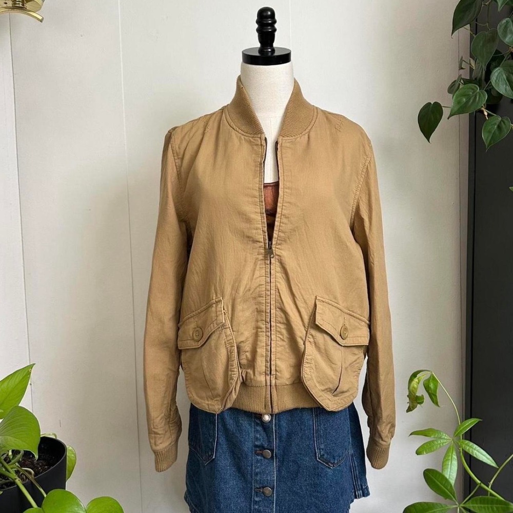 Old Navy Womens Tan Cotton Canvas Bomber Jacket Utility Pockets XL